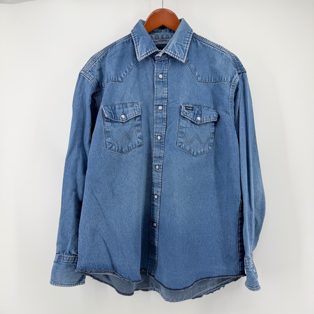 Wrangler Mens XL Long Sleeve Western Denim Shirt Blue Pearl Snap Cowboy